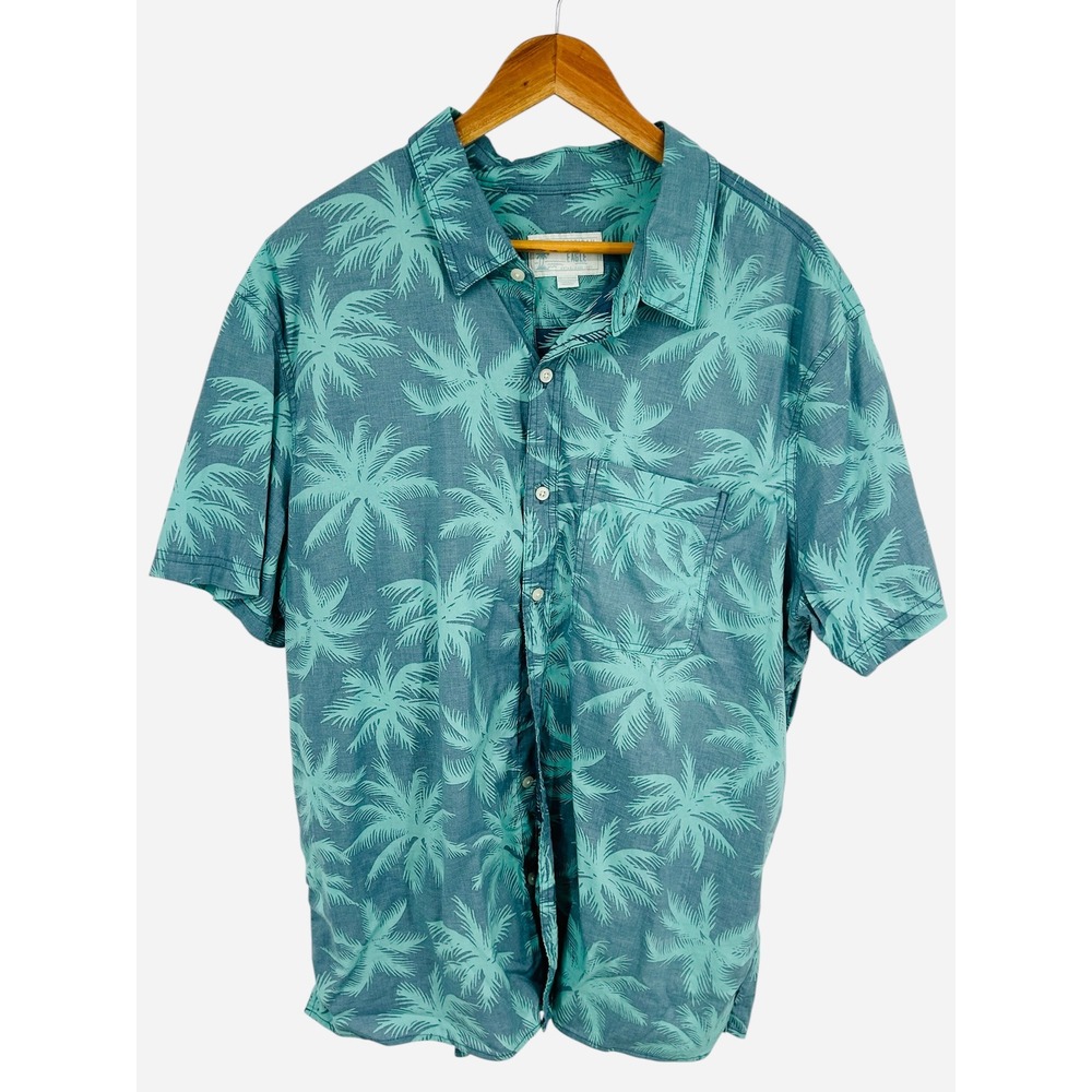 American Eagle Mens XXL Palm Tree Print Button Up Shirt Blue Green Short Sleeve
